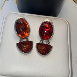 Cognac Baltic Amber 925 Silver Vintage Clip Earrings